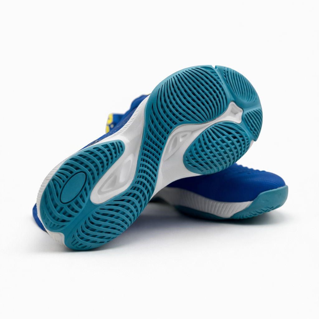 Blue and white athletic shoes on a white background
